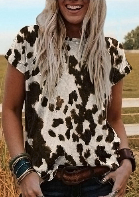 

Cow Western O-Neck T-Shirt Tee, White, SCM019827