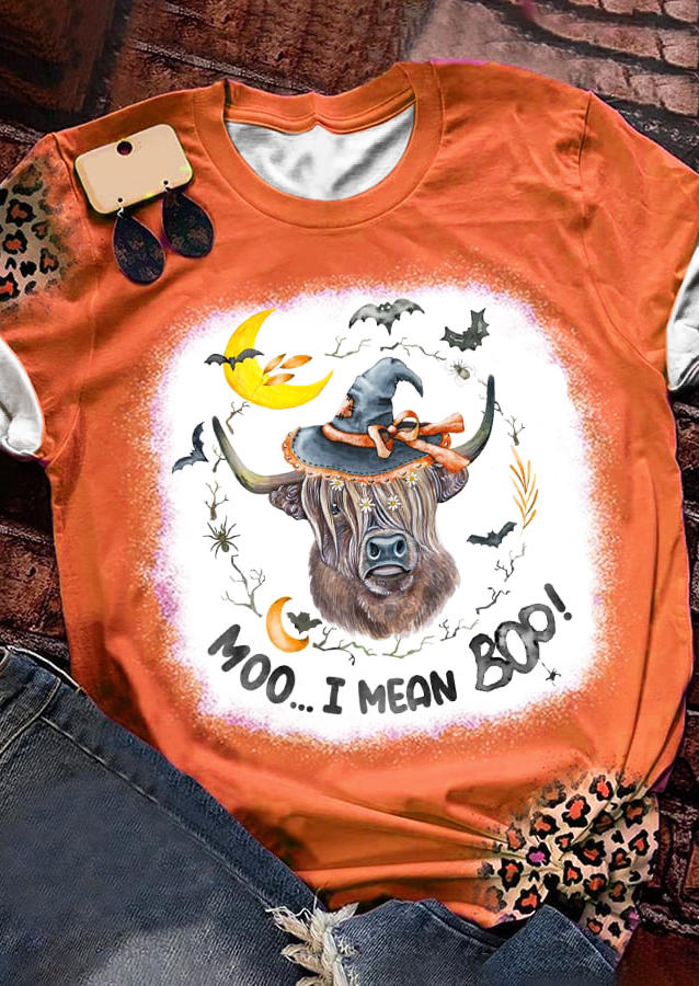 

Moo I Mean Boo Bat Highland Cattle Floral T-Shirt Tee - Orange, SCM019836