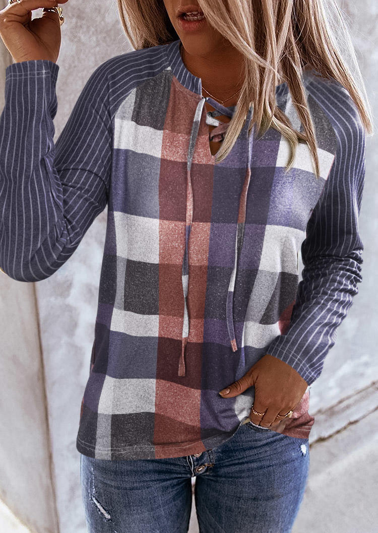 

Vertical Striped Plaid Raglan Sleeve Blouse, Multicolor, SCM019848