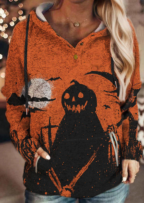 

Pumpkin Face Pocket Button Hoodie - Orange, SCM019899