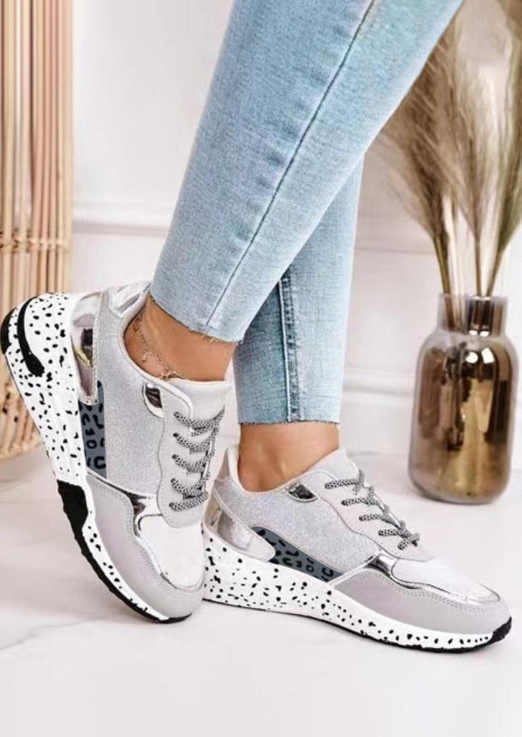 Leopard Lace Up Platform Sneakers - Gray