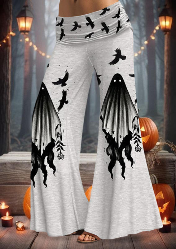 

Halloween Ghost Bird Foldover Ruched Flare Pants - Light Grey, Gray, SCM019988