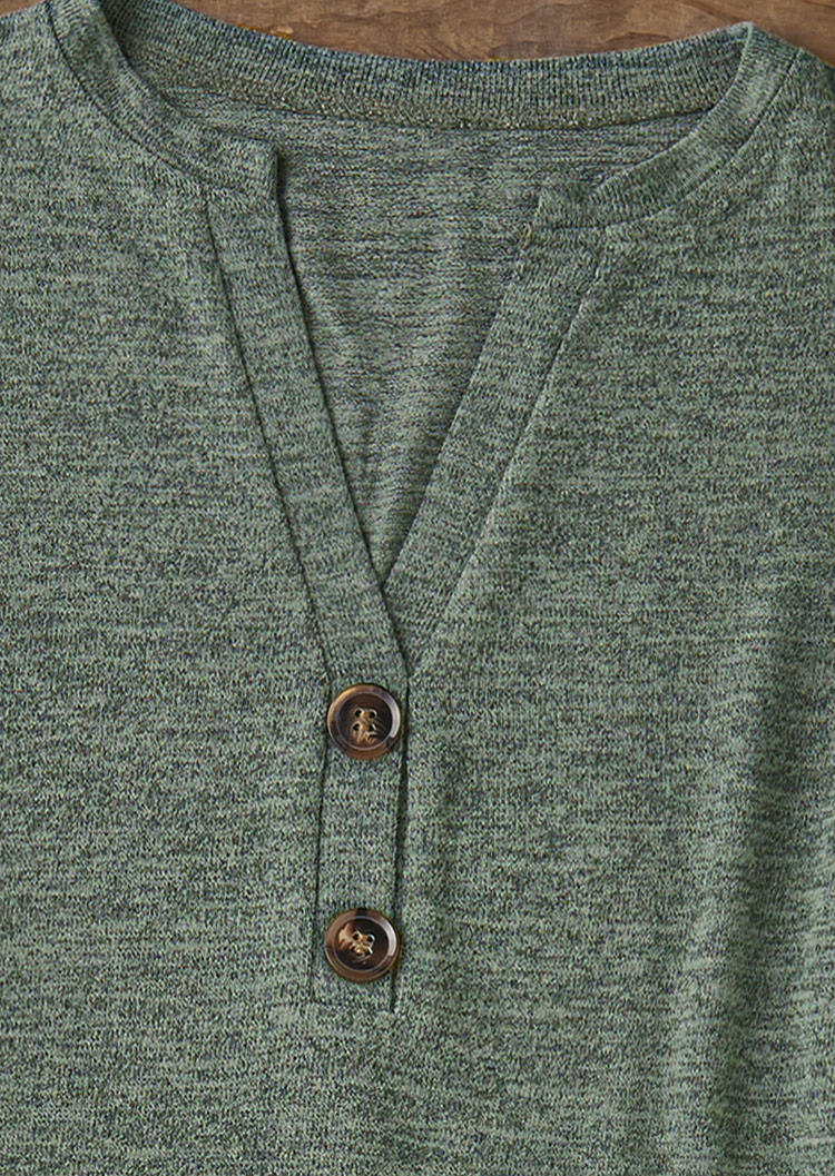 Button Long Sleeve V-Neck Blouse - Army Green