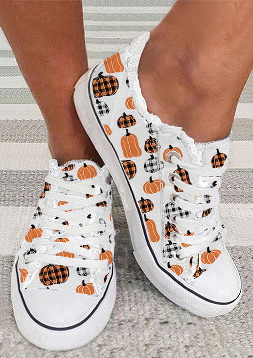 

Pumpkin Plaid Lace Up Round Toe Flat Sneakers - White, SCM020115