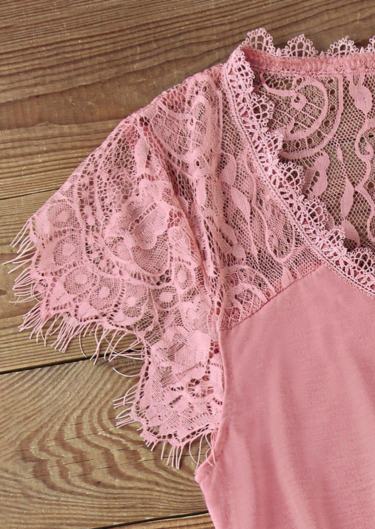 Lace Splicing Short Sleeve Blouse - Pink