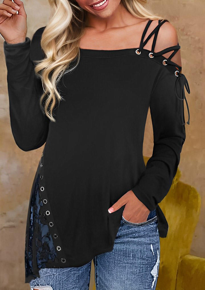 

Lace One Sided Cold Shoulder Asymmetric Hem Blouse -Black, SCM019781