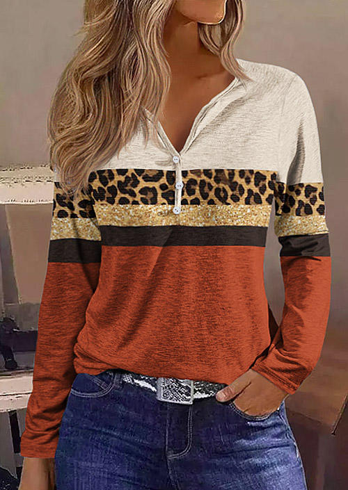 

Leopard Color Block Glitter Button Long Sleeve Blouse, Multicolor, SCM019862