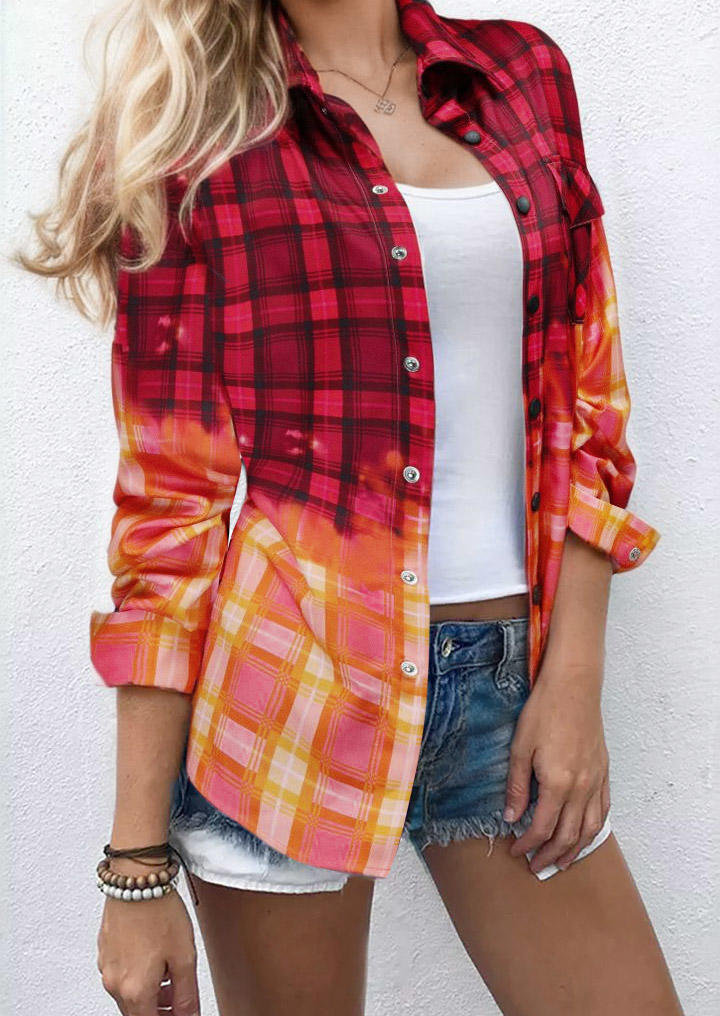 

Plaid Bleached Button Turn-Down Collar Shirt, Multicolor, SCM019888