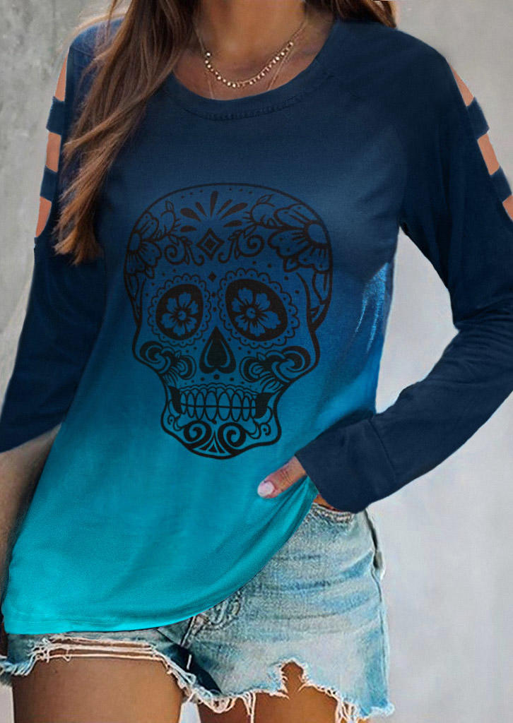 

Gradient Skull Hollow Out Cold Shoulder Blouse, Multicolor, SCM019912