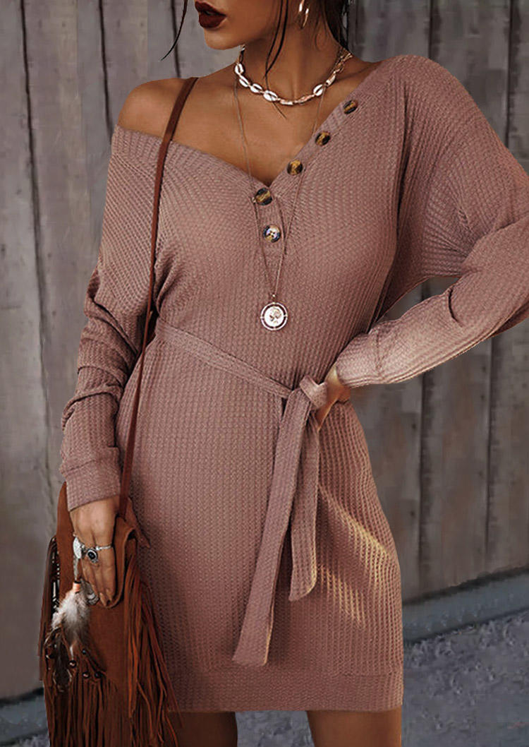 

Button Waffle Long Sleeve Mini Dress - Cameo Brown, SCM020026