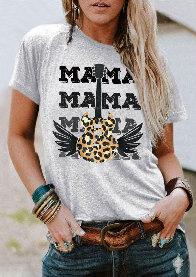 

MaMa Leopard Guitar O-Neck T-Shirt Tee - Light Grey, Gray, SCM020099