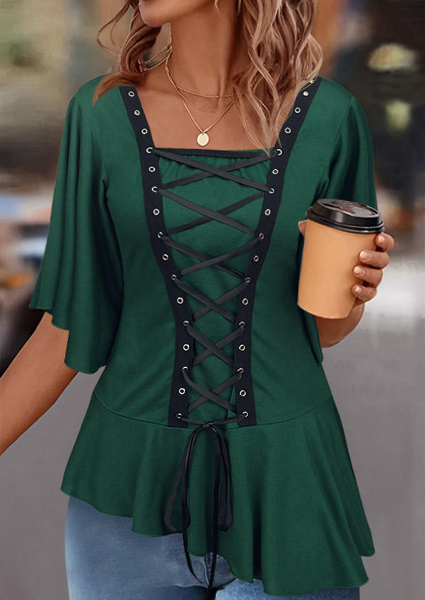 

Lace Up Batwing Sleeve Asymmetrical Hem Blouse - Green, SCM019693