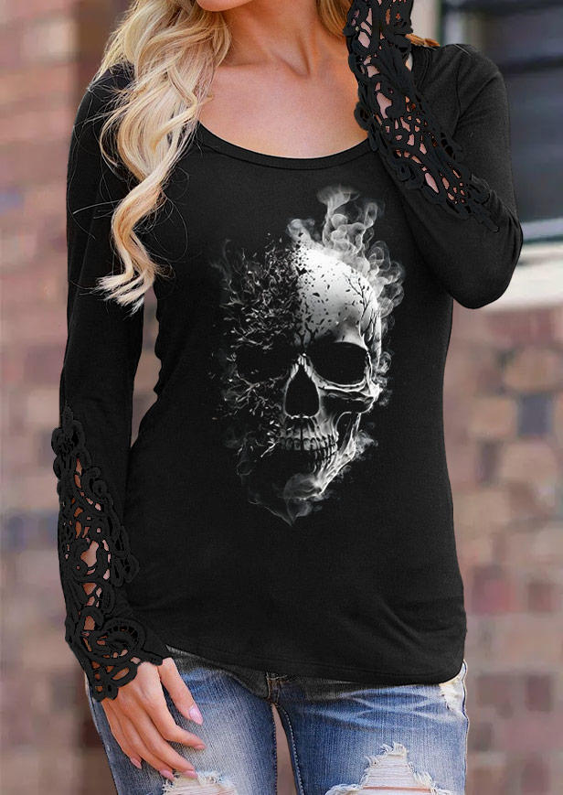 

Halloween Skull Lace Splicing Long Sleeve Blouse - Black, SCM019822