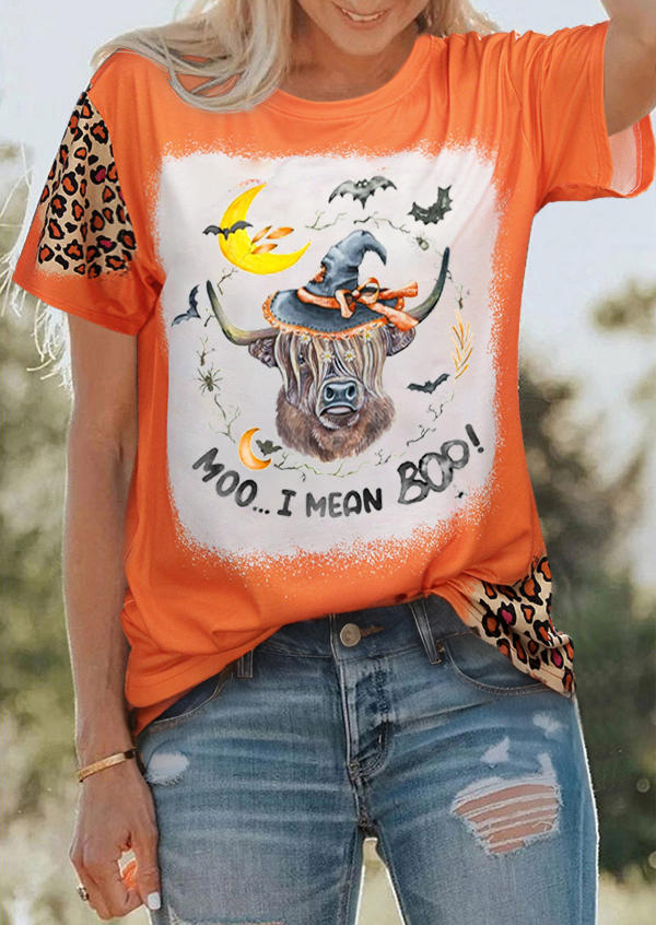 Moo I Mean Boo Bat Highland Cattle Floral T-Shirt Tee - Orange