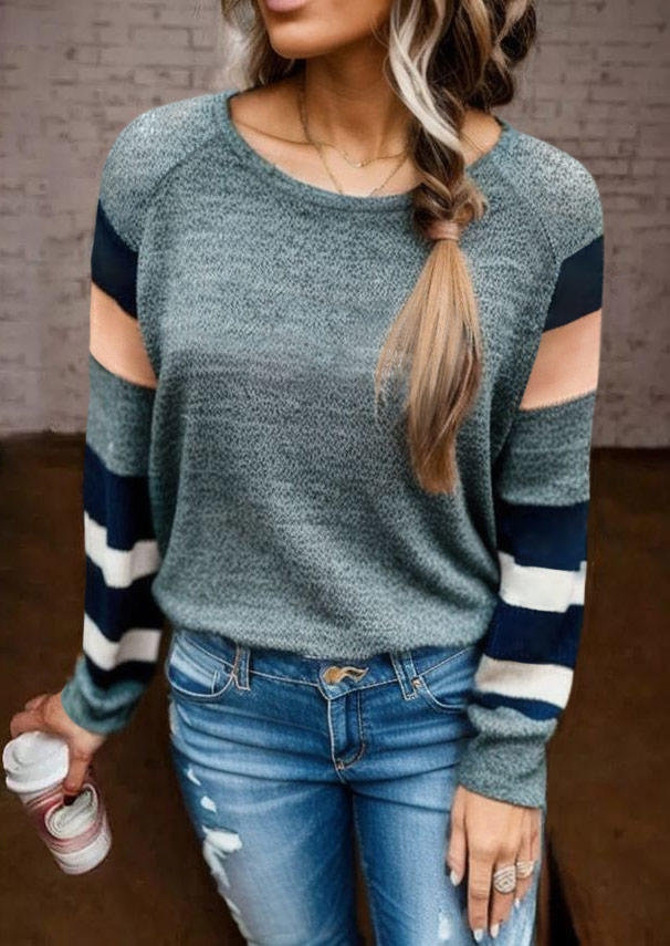 

Color Block Long Sleeve O-Neck Blouse - Gray, SCM019882