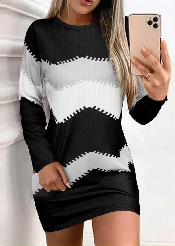 

Color Block Geometric Long Sleeve Mini Dress, Multicolor, SCM019980