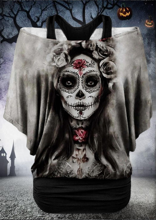 

Halloween Horror Ghost Cold Shoulder Fake Two-Piece Blouse - Dark Grey, Gray, SCM020006