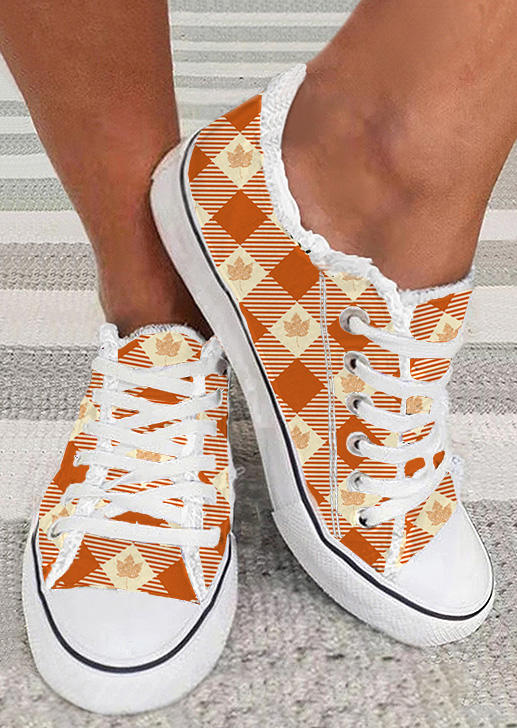 

Plaid Striped Maple Leaf Frayed Lace Up Flat Sneakers, Multicolor, SCM020153