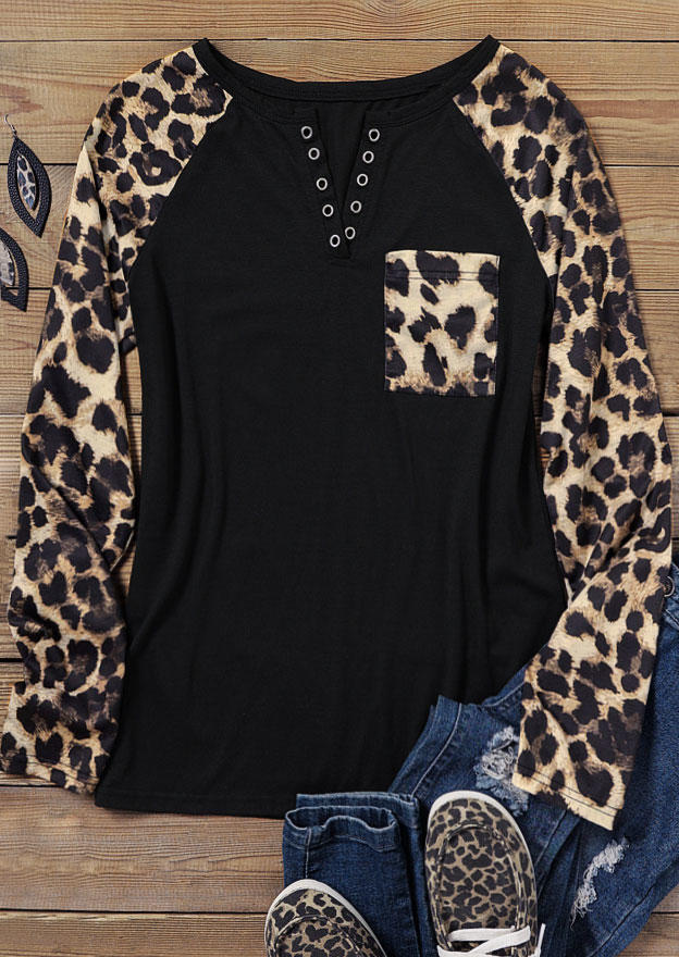 Leopard Pocket Notched Neck Raglan Sleeve Blouse - Black