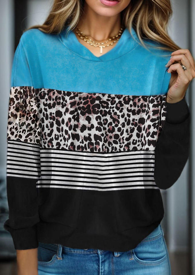 

Leopard Striped Color Block Hoodie - Blue, SCM019845