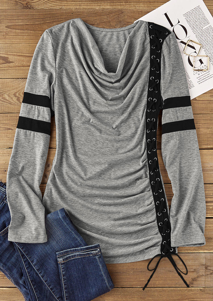 Striped Ruched Lace Up Cowl Neck Blouse - Gray