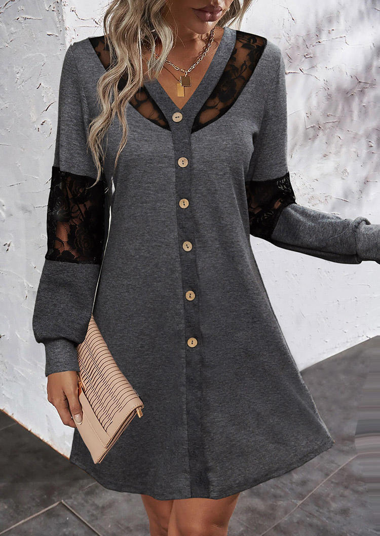 

Hollow Out Lace Splicing Button Mini Dress - Dark Grey, Gray, SCM019932