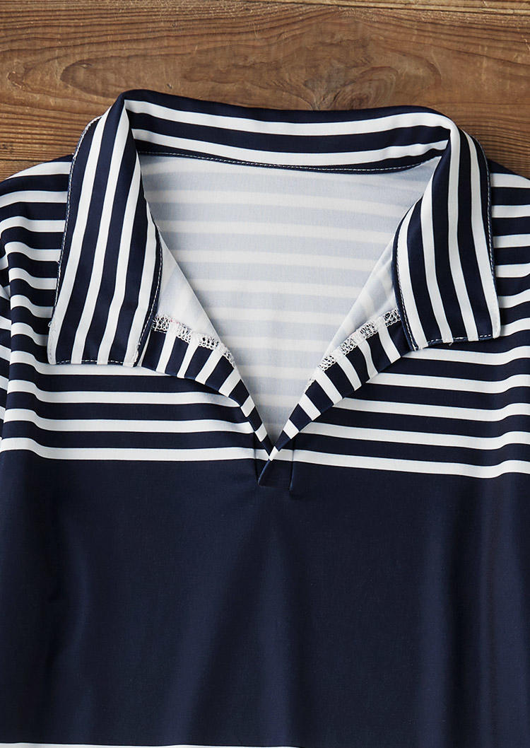 Color Block Striped Turn-Down Collar Blouse