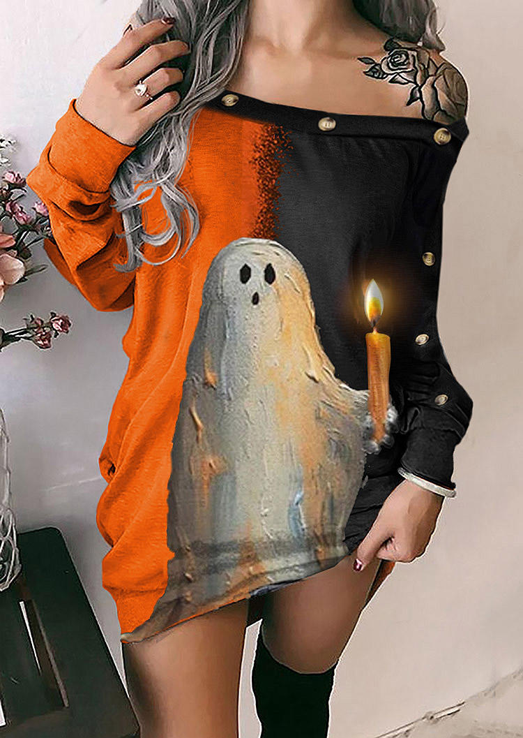 

Ghost Color Block Button One Sided Cold Shoulder Sweatshirt Dress - Orange, SCM019962