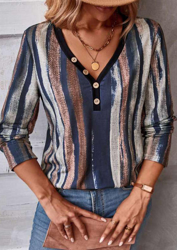 

Colorful Vertical Striped Button V-Neck Blouse, Multicolor, SCM019995