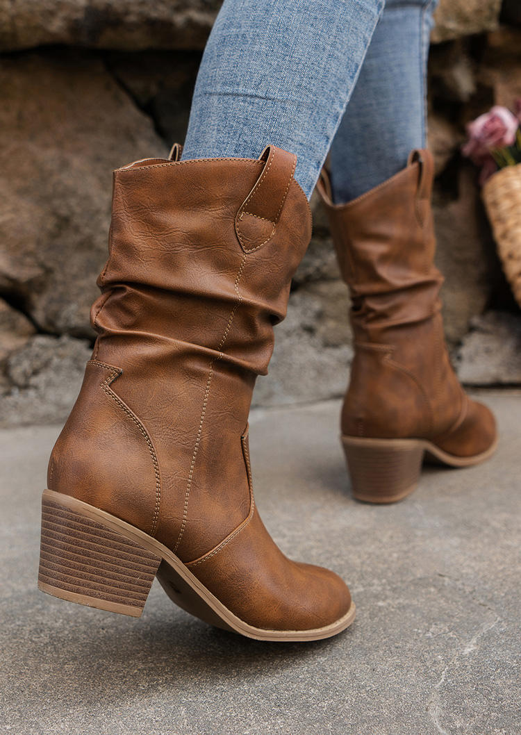 Western Ruffled Square Heeled Pointed Toe Boots - Brown