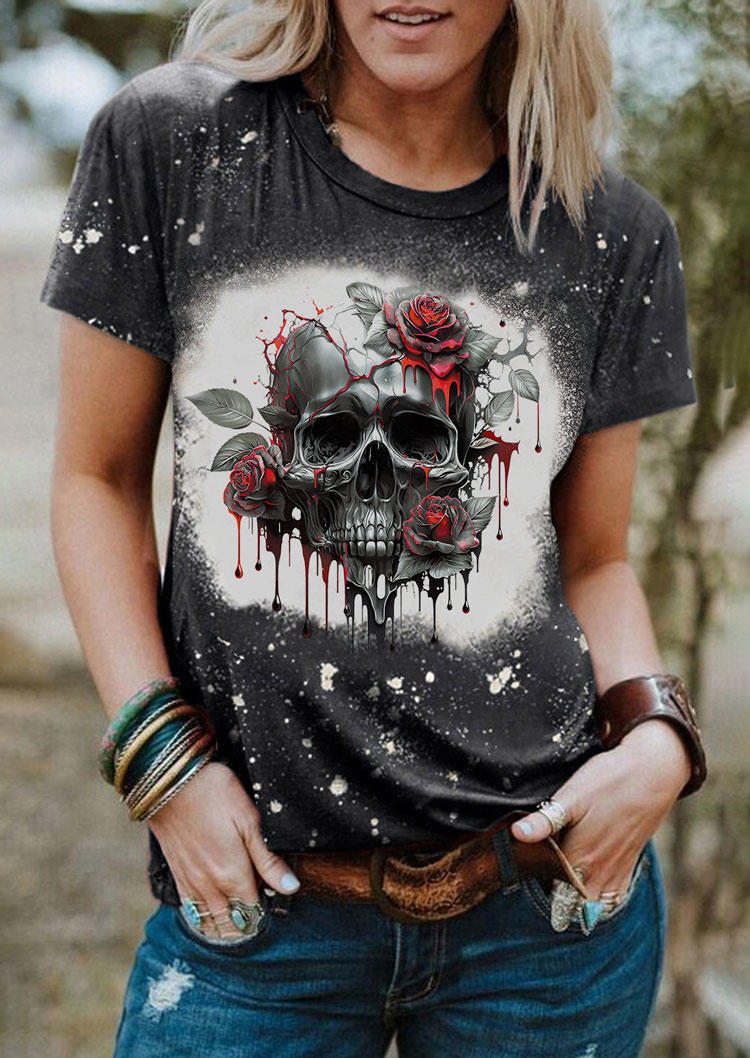 Halloween Floral Skull Bleached O-Neck T-Shirt Tee