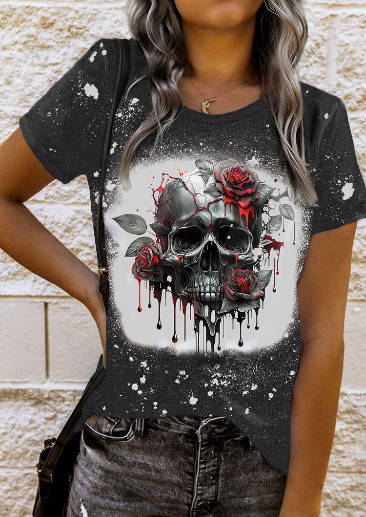 

Floral Skull Bleached O-Neck T-Shirt Tee, Multicolor, SCM020042