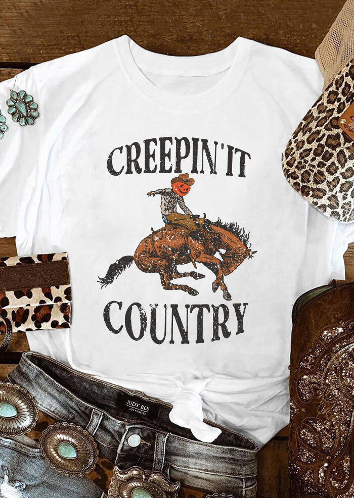 

Creepin' It Country Pumpkin Face Horse T-Shirt Tee - White, SCM020123