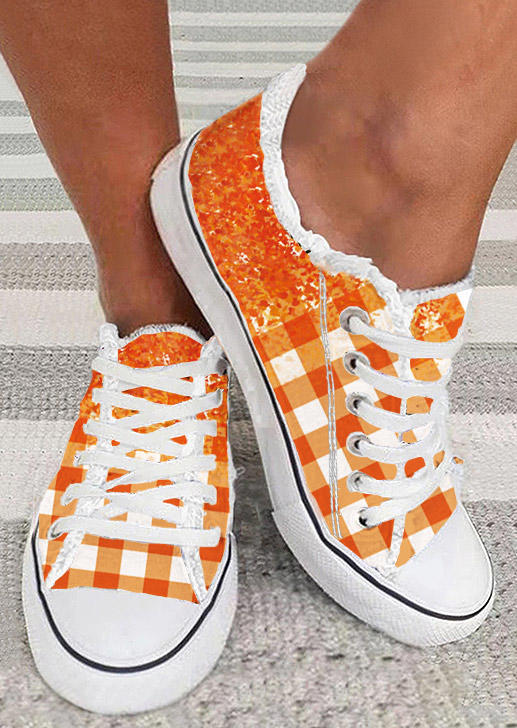 Plaid Gradient Glitter Lace Up Flat Sneakers - Orange