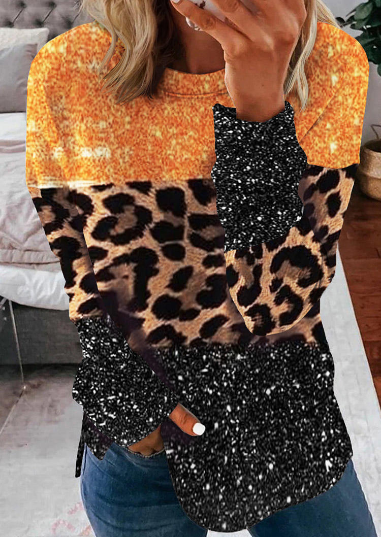 

Leopard Color Block Glitter Slit Sweatshirt, Multicolor, SCM019929