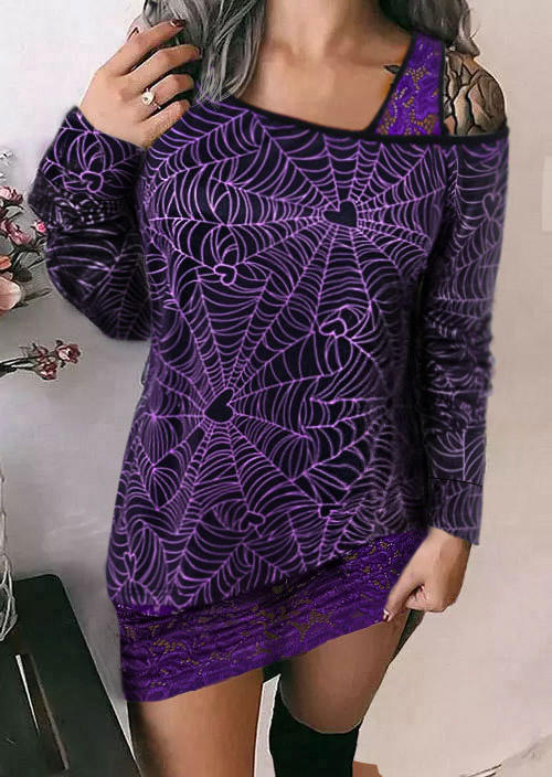 

Spider Web Heart Lace Splicing One Sided Cold Shoulder Mini Dress - Purple, SCM019975