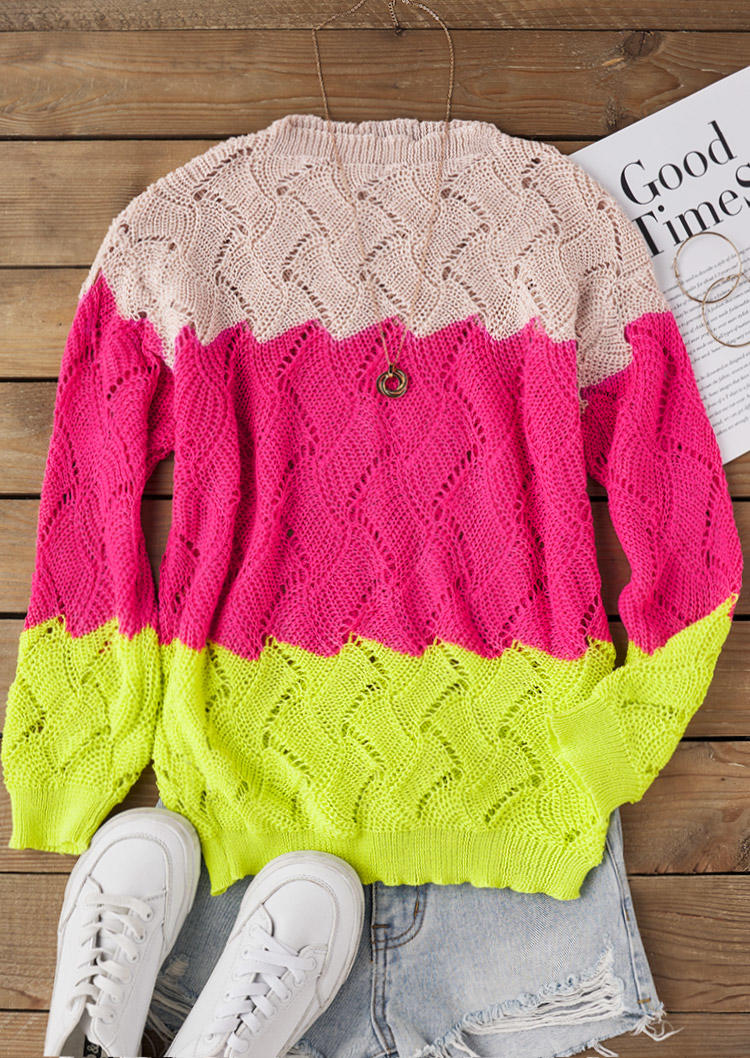 Color-Blocked Zigzag Knitted Hollow Out Sweater
