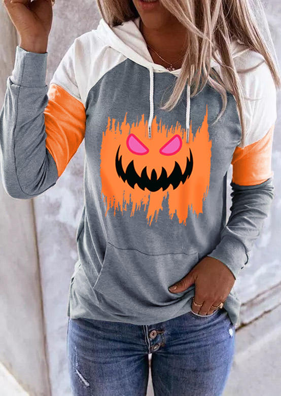 

Pumpkin Face Color Block Drawstring Kangaroo Pocket Hoodie, Multicolor, SCM020048