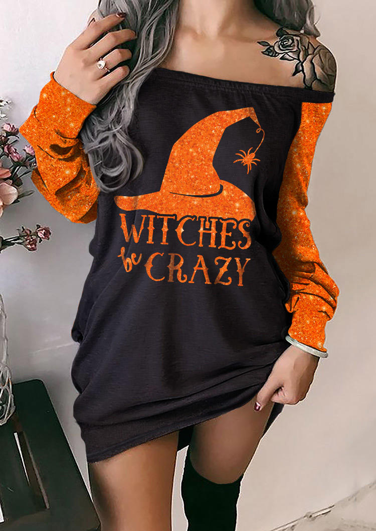 

Witch Hat Spider Glitter Off Shoulder Sweatshirt Dress, Multicolor, SCM020059