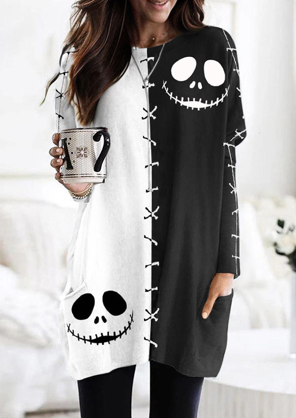 

Halloween Color-Blocked Ghost Face Pocket Mini Dress, Multicolor, SCM020068