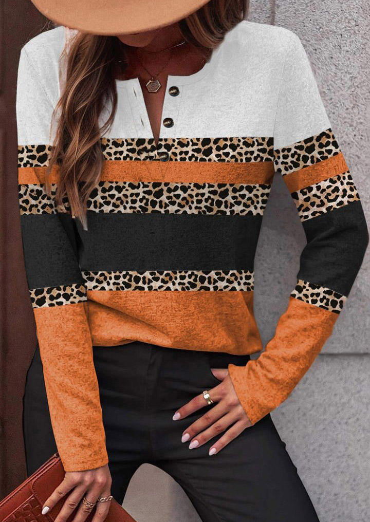 Leopard Color Block Button Blouse