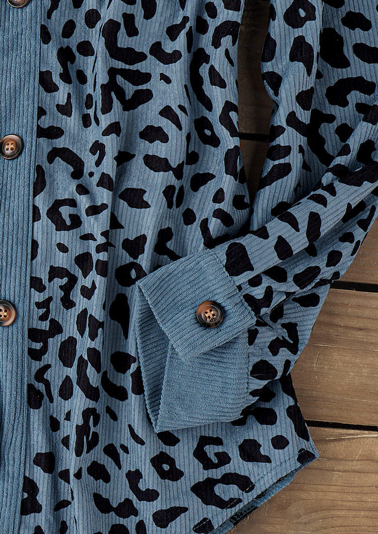 Leopard Button Fake Pocket Turn-Down Collar Coat - Blue