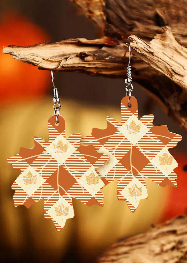 

Plaid Striped Maple Leaf Earrings, Orange, SCM020154