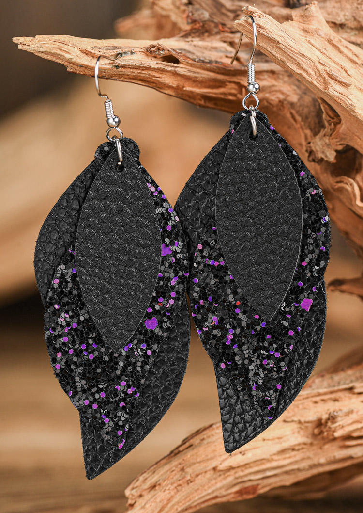 

Leaf Multi-Layered Leather Earrings, Black, SCM020158