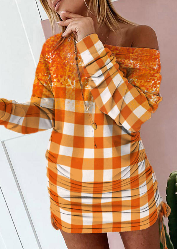 

Plaid Gradient Glitter Drawstring Sweatshirt Dress - Orange, SCM020271