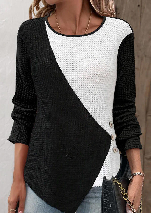 

Color Block Button Irregular O-Neck Blouse, Multicolor, SCM019997