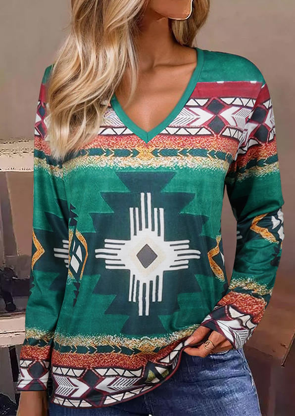 

Aztec Geometric Long Sleeve V-Neck Blouse, Multicolor, SCM020044