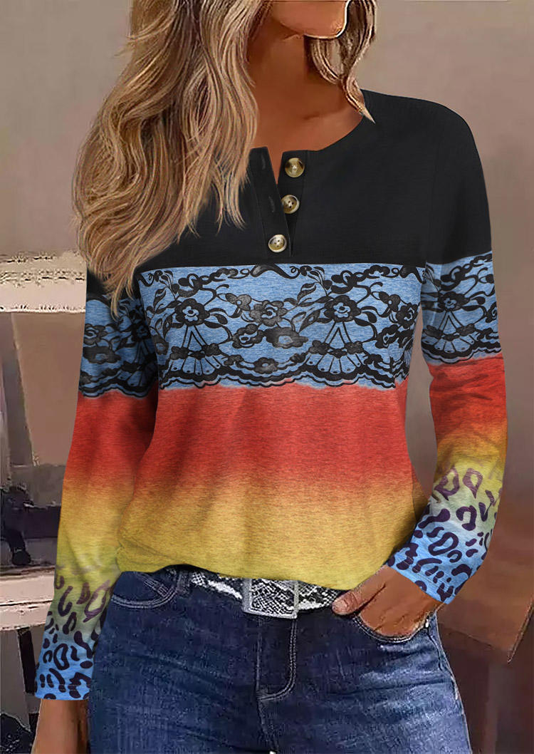 Gradient Leopard Floral Button Long Sleeve Blouse