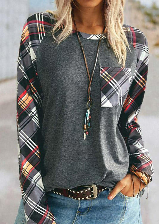 

Plaid Pocket Chic Long Sleeve Blouse, Multicolor, SCM020118