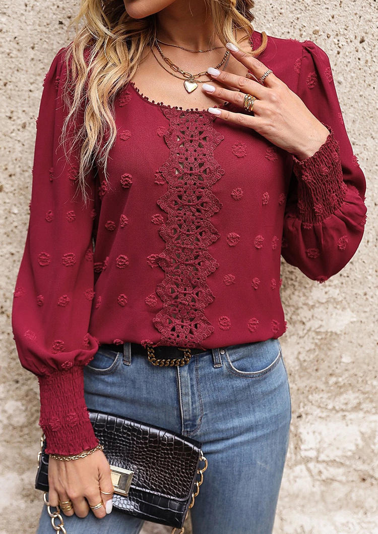 

Lace Dotted Swiss Smocked Elastic Cuff Blouse - Burgundy, Red, SCM020146